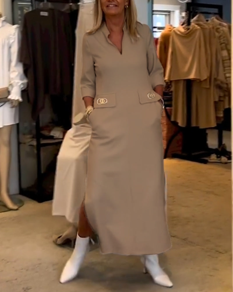 3/4 Sleeve Split Solid Colour Dress