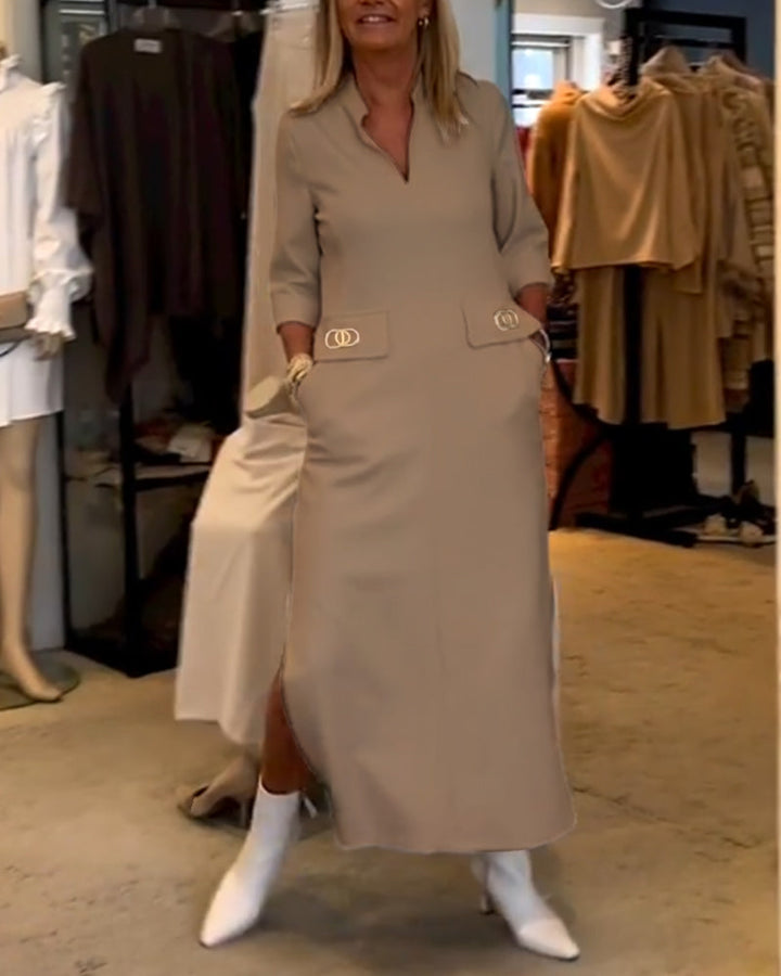 3/4 Sleeve Split Solid Colour Dress