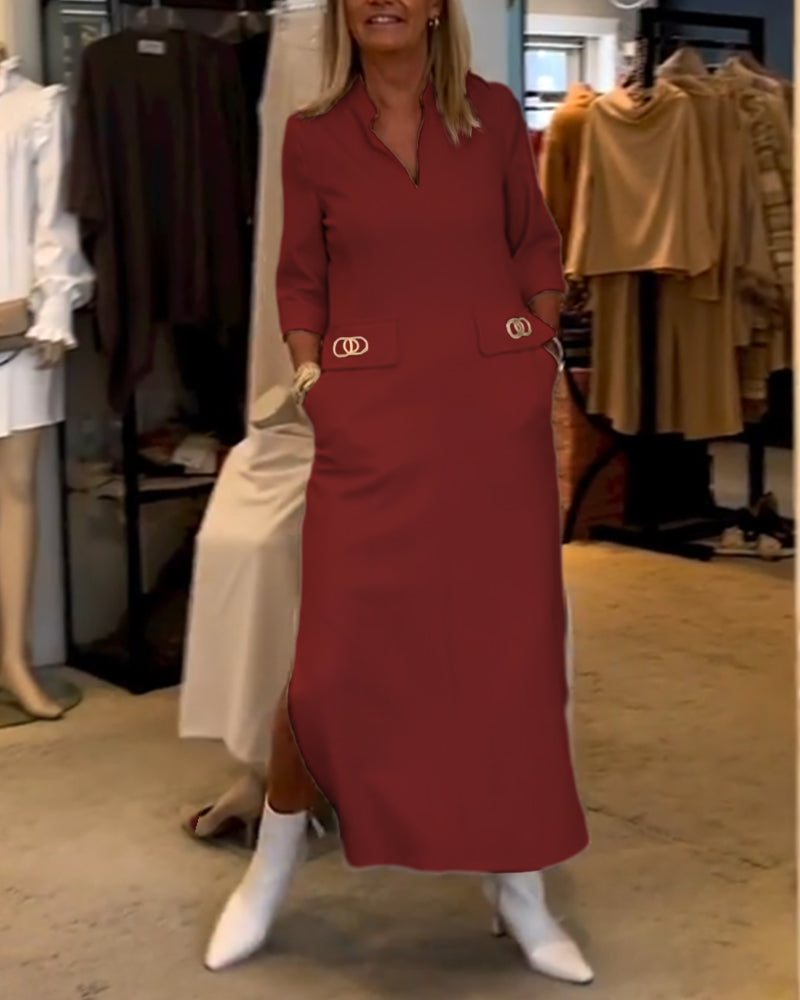 3/4 Sleeve Split Solid Colour Dress