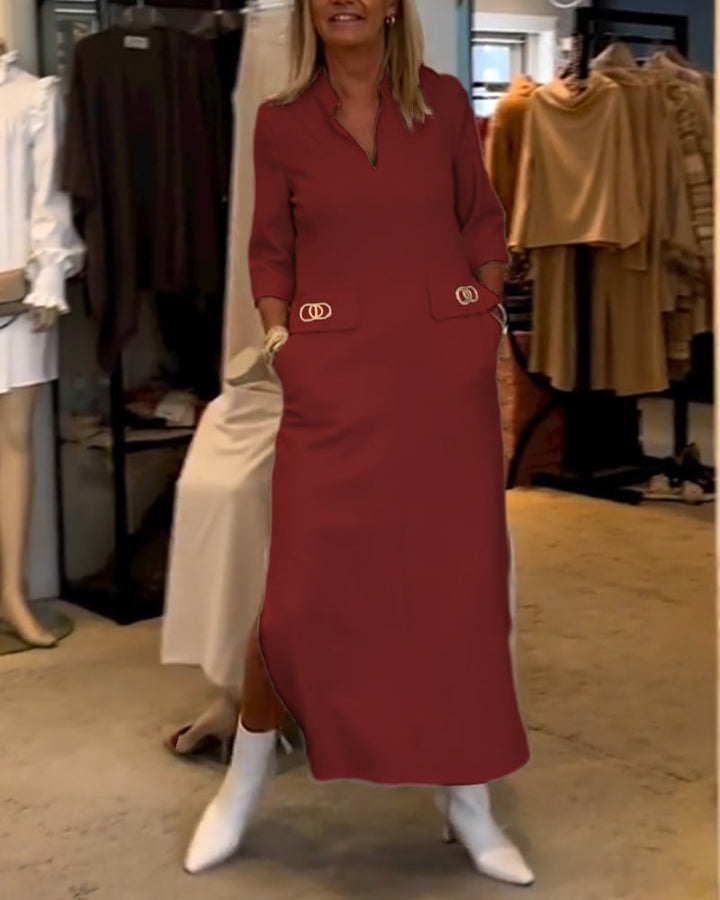 3/4 Sleeve Split Solid Colour Dress