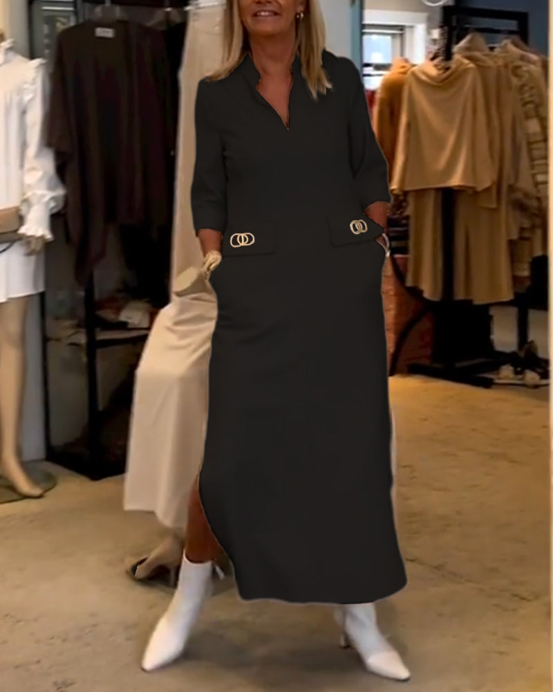 3/4 Sleeve Split Solid Colour Dress