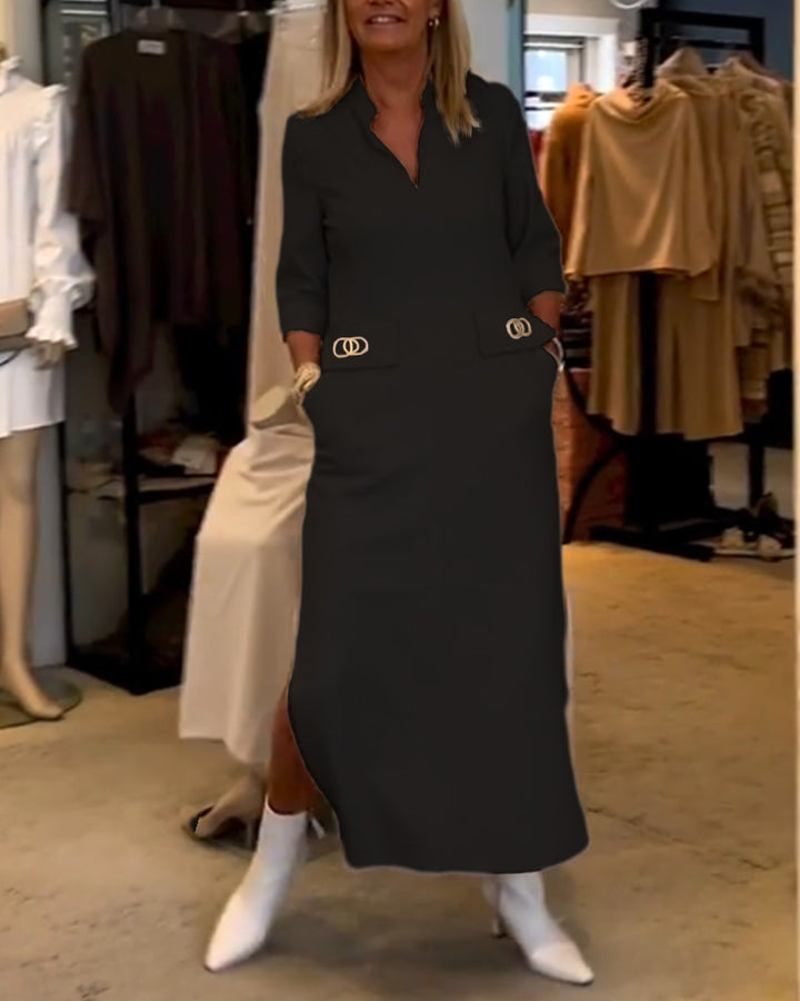 3/4 Sleeve Split Solid Colour Dress