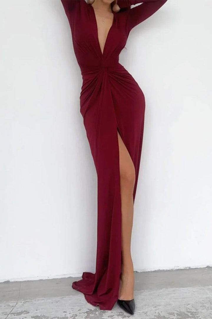 Kalani - V-Neck Long Sleeve One-Leg Open Stylish Pleated Dress