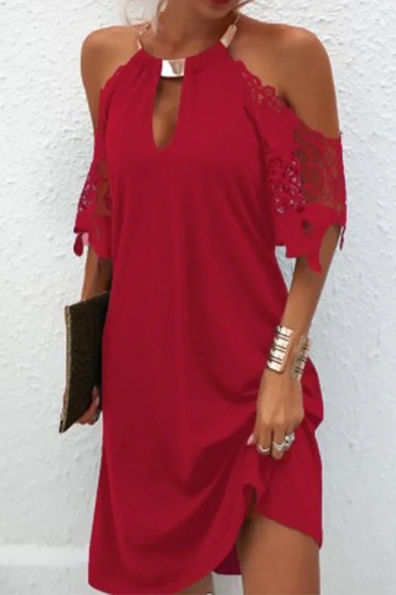 Naila - Elegant solid lace dress with metallic accessories and embellishments, with a belt line.