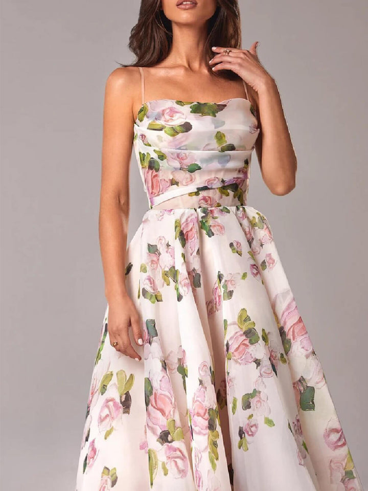 Strapless Sleeveless Printed Swing Midi Dress