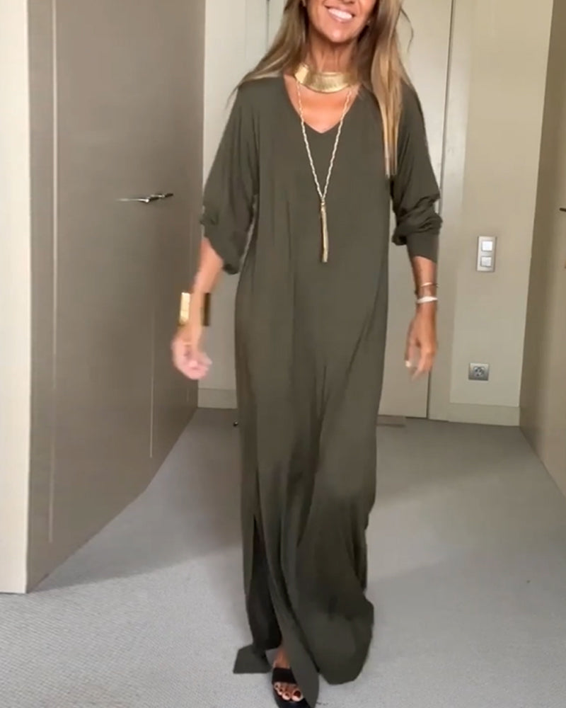 "Casual solid V-neck dress"