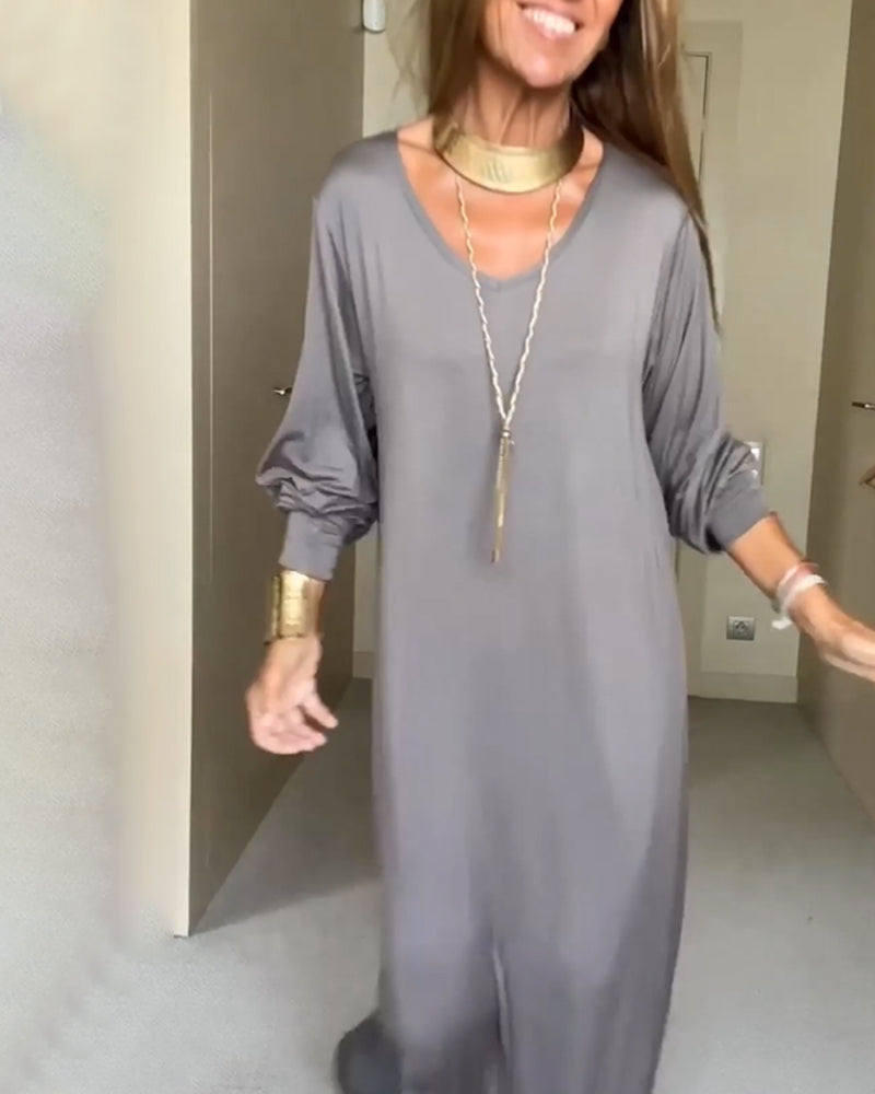 "Casual solid V-neck dress"