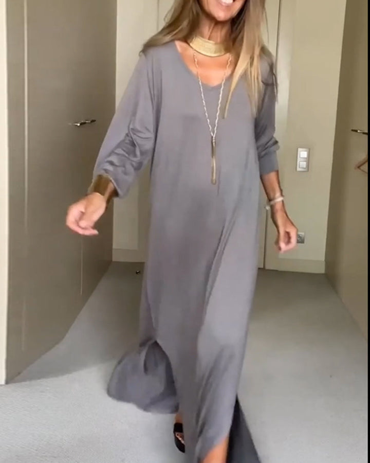 "Casual solid V-neck dress"