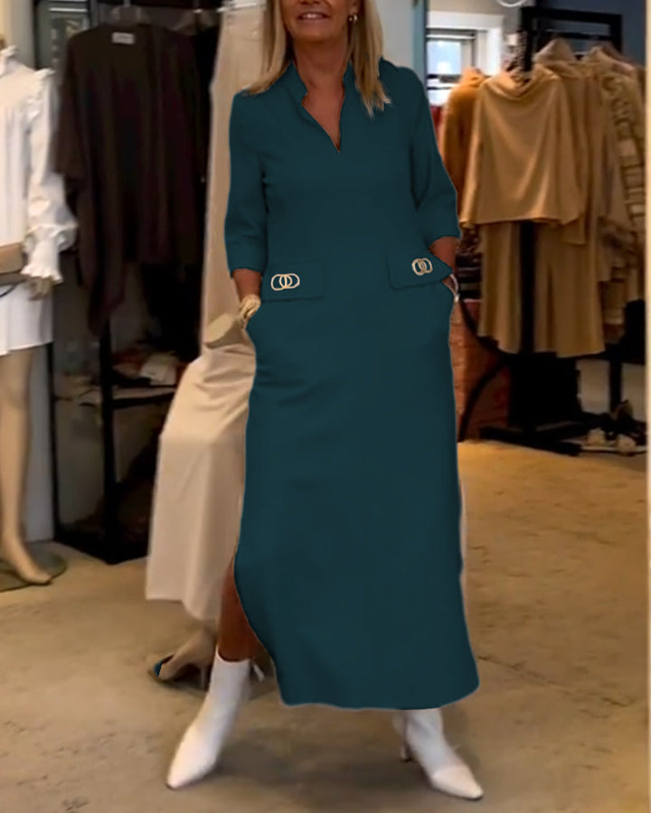 3/4 Sleeve Split Solid Colour Dress