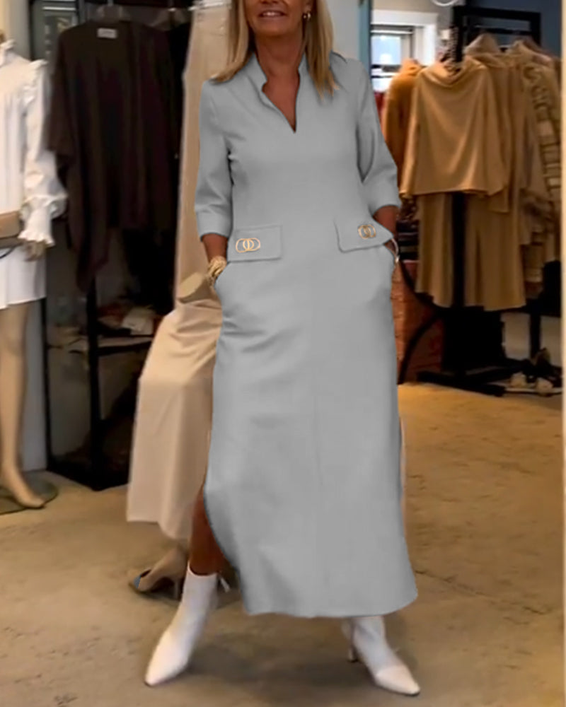 3/4 Sleeve Split Solid Colour Dress