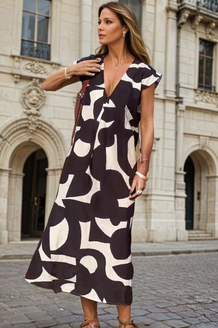 "Marine" Dress with Print and V-neck