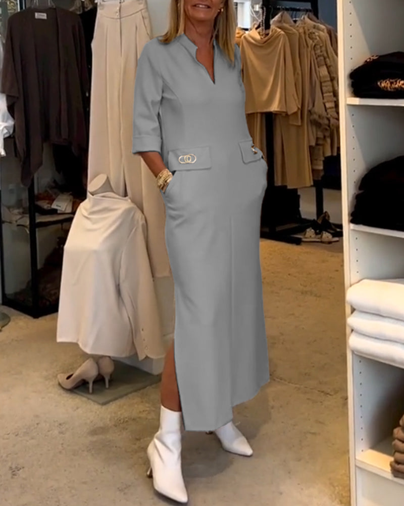 3/4 Sleeve Split Solid Colour Dress