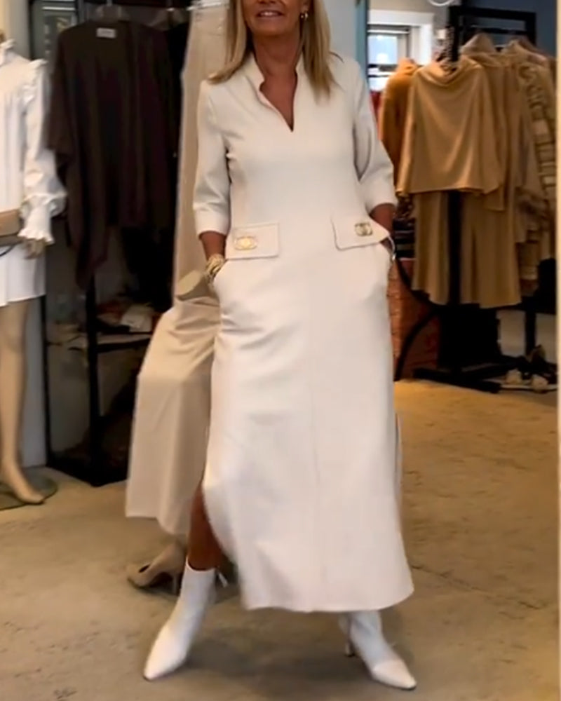 3/4 Sleeve Split Solid Colour Dress