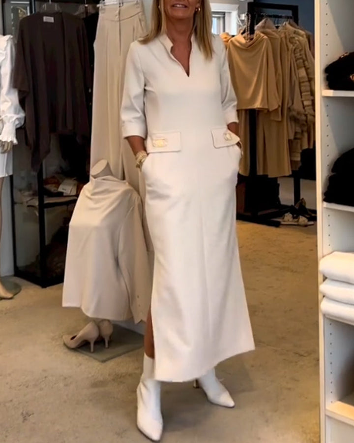 3/4 Sleeve Split Solid Colour Dress