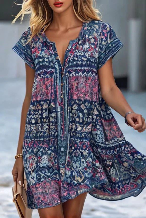 Vibrant Print Short Sleeve Mini Dress