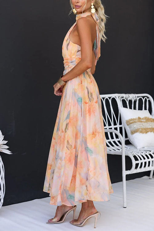 Halter Neck Open Back Waisted Watercolor Print Maxi Dress