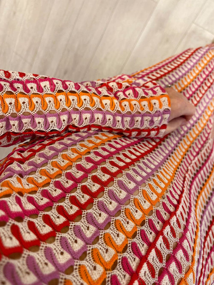 Boho V Neck Bell Sleeve Wavy Striped Crochet Beach Vacation Maxi Dress - Red