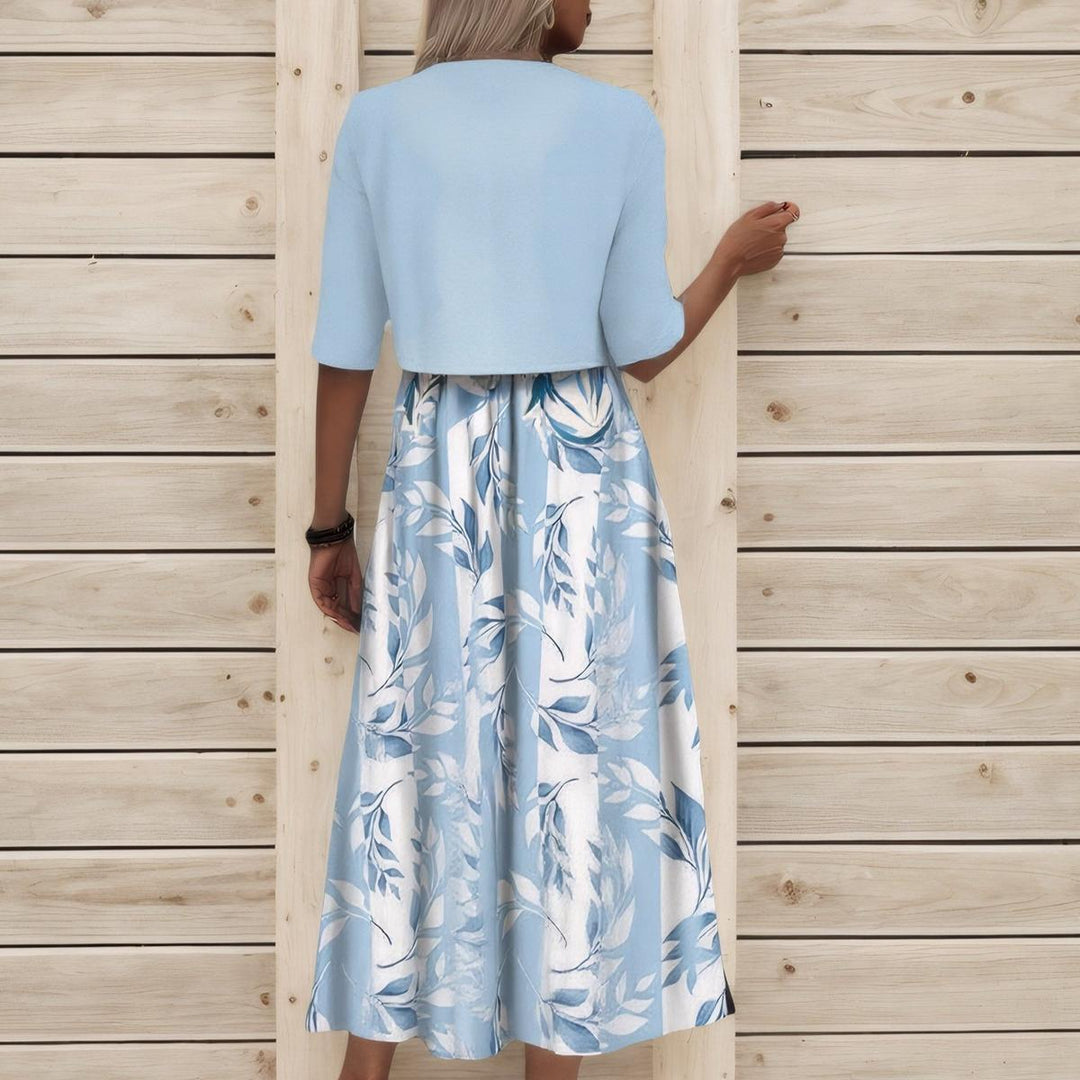 Unique Blue Plant Print Midi Dress With Jacket