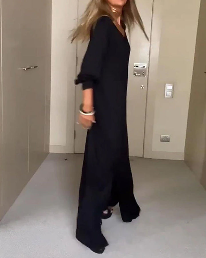 "Casual solid V-neck dress"