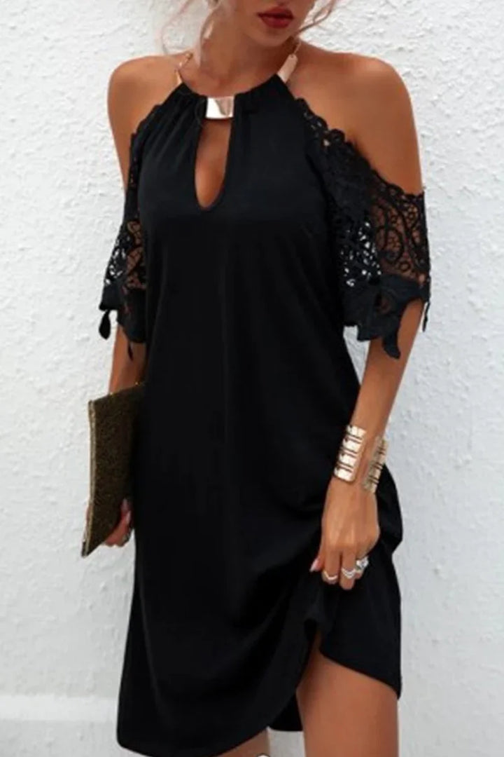 Naila - Elegant solid lace dress with metallic accessories and embellishments, with a belt line.