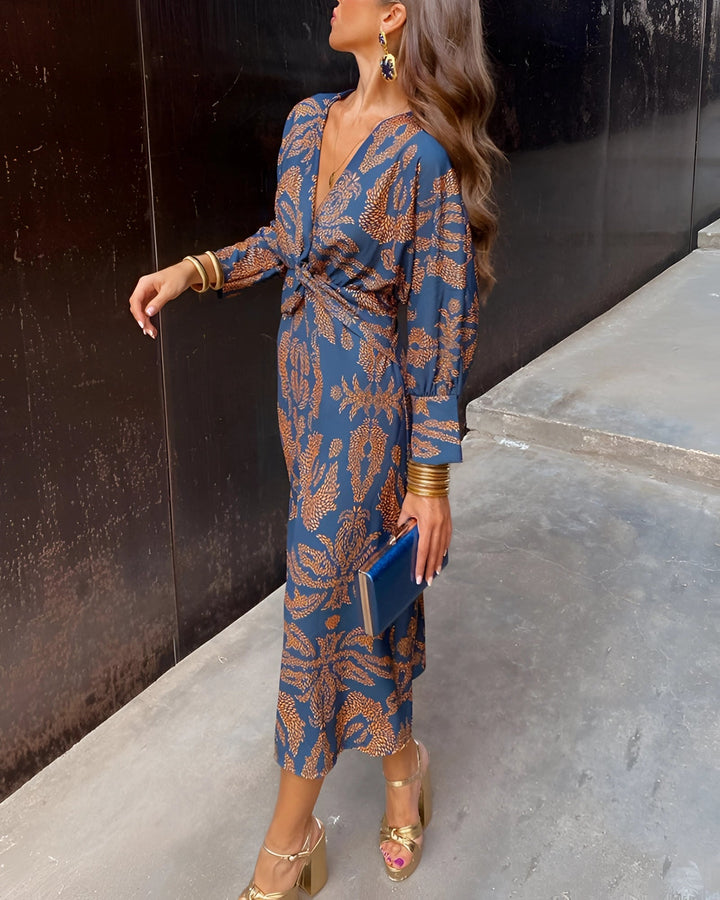 Blue Floral Midi Dress V-Neck Long Sleeve