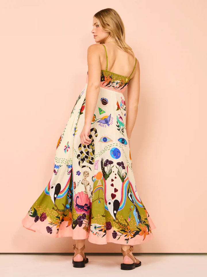 Unique Holiday Print Halter Back Pocket Maxi Dress