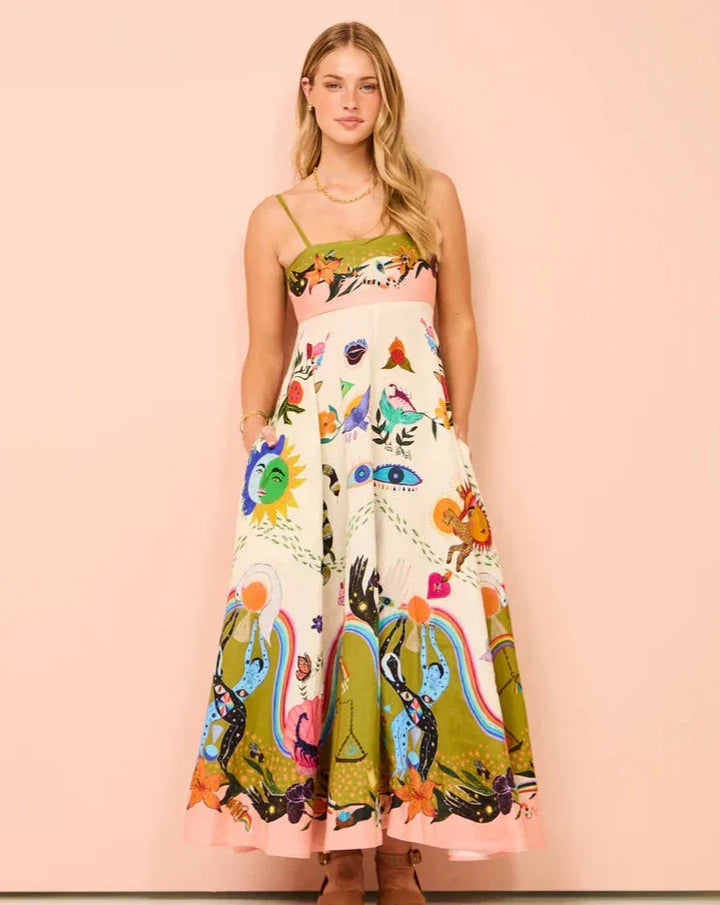 Unique Holiday Print Halter Back Pocket Maxi Dress