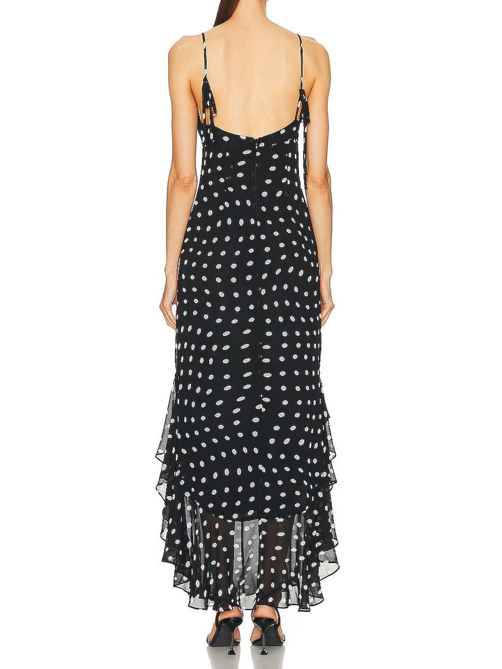Black And Cream Polka Dot Ruffle Maxi Dress