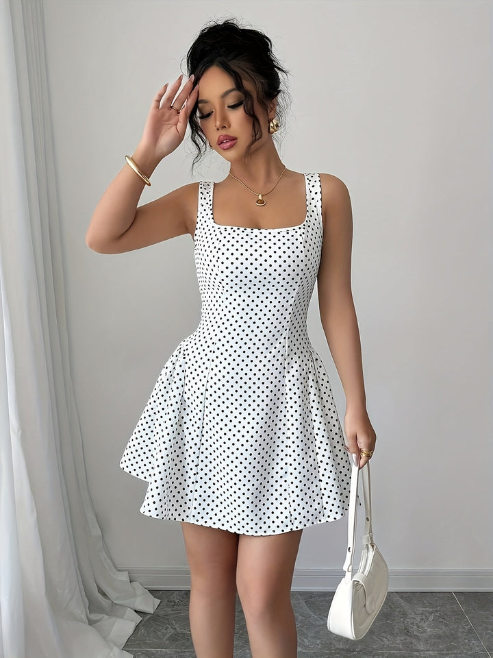 Elegant Short Dress with Polka Dots And a Square Neckline.