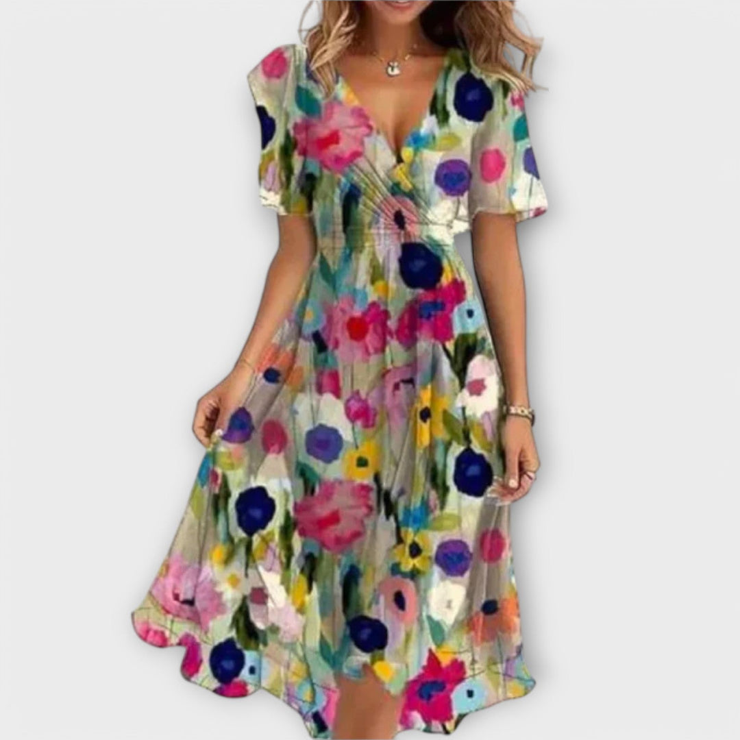 Anegret | Stylish Floral V-Neck Midi Dress